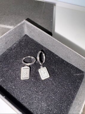 Silver Rectangular Charm Hoop Earrings - Floral Motif